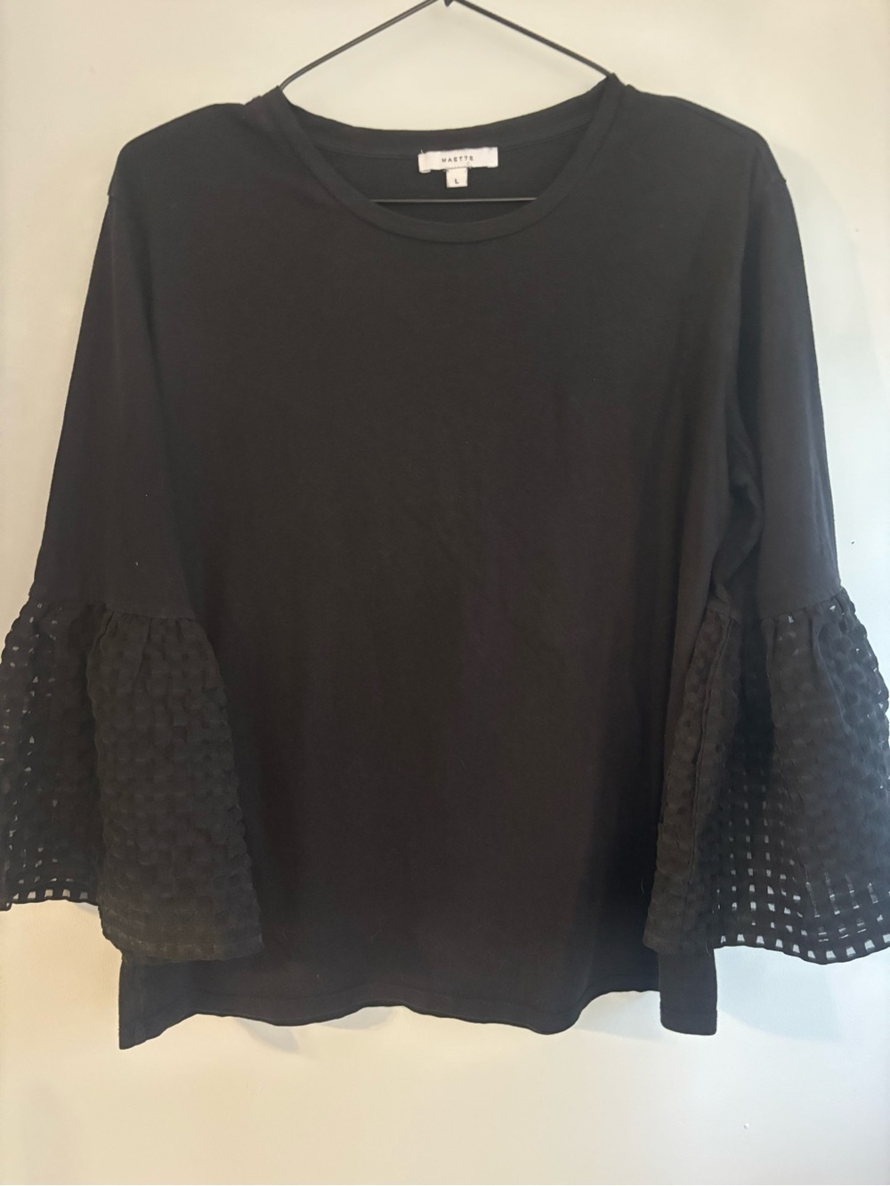 MAette Black Long-Sleeve Tee with Textured Bell Sleeves
